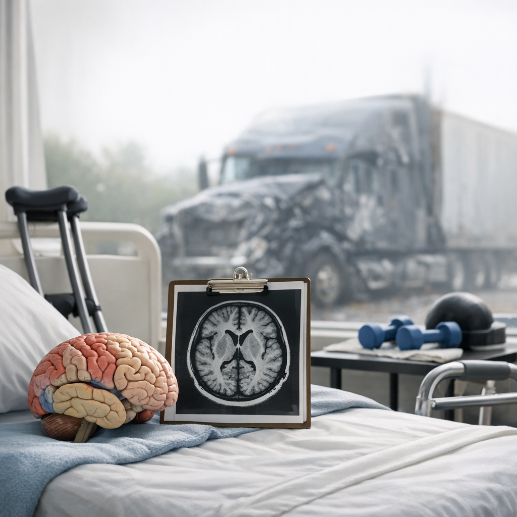 brain injury recovery truck illustration for Long recovery periods after brain injuries from truck accidents