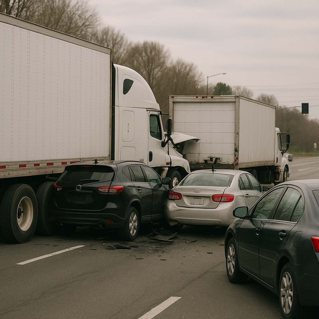 Illustration of # What happens in multi vehicle truck accident liability cases Multi-vehicle truck crashes are rarely straigh